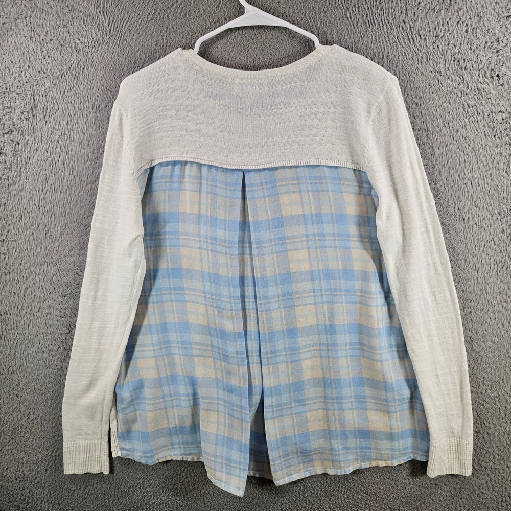 Vineyard Vines Womens White‎ Knit Plaid Mixed Media Sweater Top Blue Tan Size M